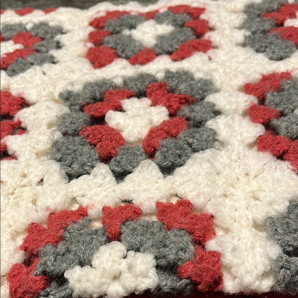 Home made Cozy Crochet Blanket - Pink, Gray, and White vintage